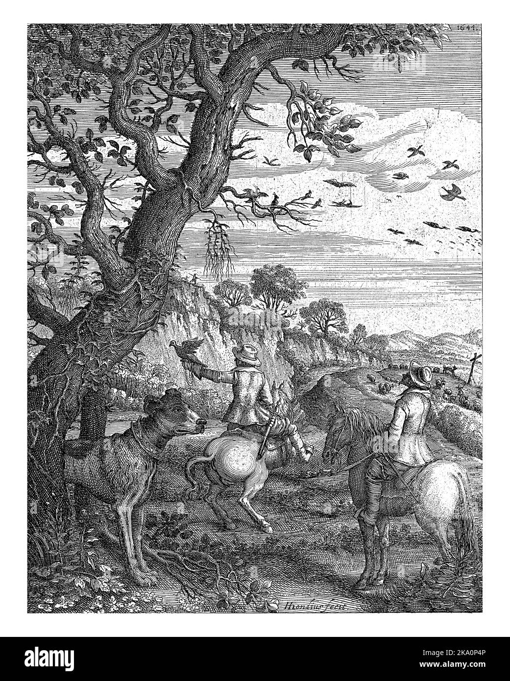 Fauconnerie, Hendrick Hondius (I), 1644 Paysage avec fauconnerie. Au premier plan, deux fauconers à cheval et un chien de chasse. Performances inférieures Banque D'Images