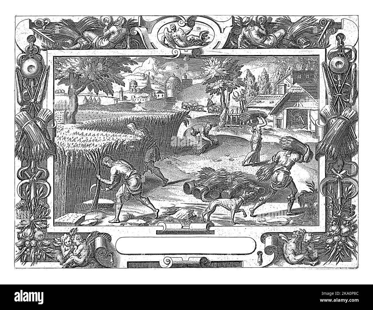 Champ de grain avec cinq chiffres de récolte. La scène est encadrée par un cadre ornemental avec des gourdes Banque D'Images