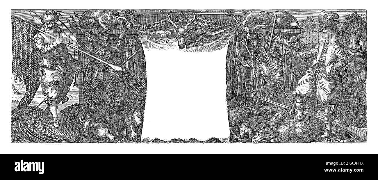 Série de chasses pour les oiseaux, les poissons et les mammifères, avec le titre au milieu, à l'intérieur d'une peau animale. Le titre est flanqué d'un pêcheur et Banque D'Images