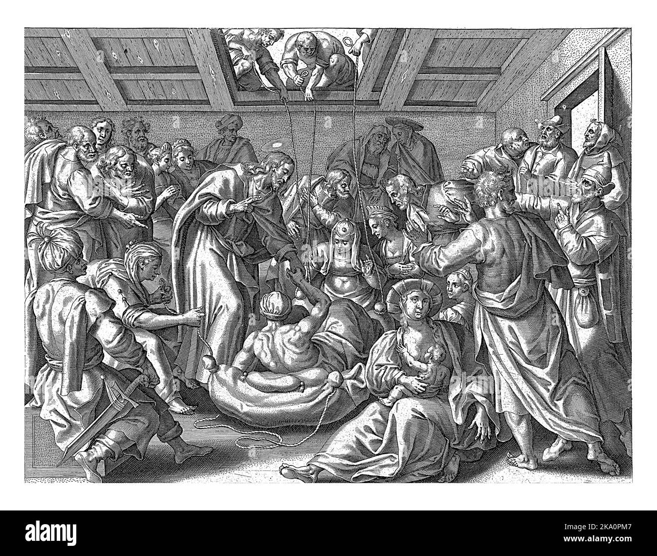 L'intérieur d'une maison pleine de personnes. Certains hommes abaissent un lit avec un ami paralysé par le toit d'une maison au Christ. Le Christ touche l'homme et Banque D'Images