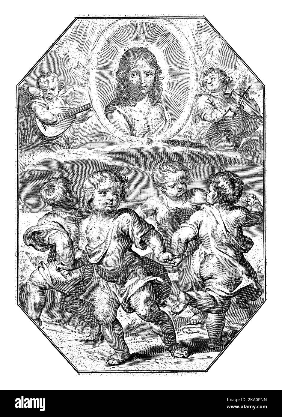 Quatre enfants qui dansent sous un médaillon avec un portrait en demi-longueur du Christ comme enfant avec un halo. Banque D'Images