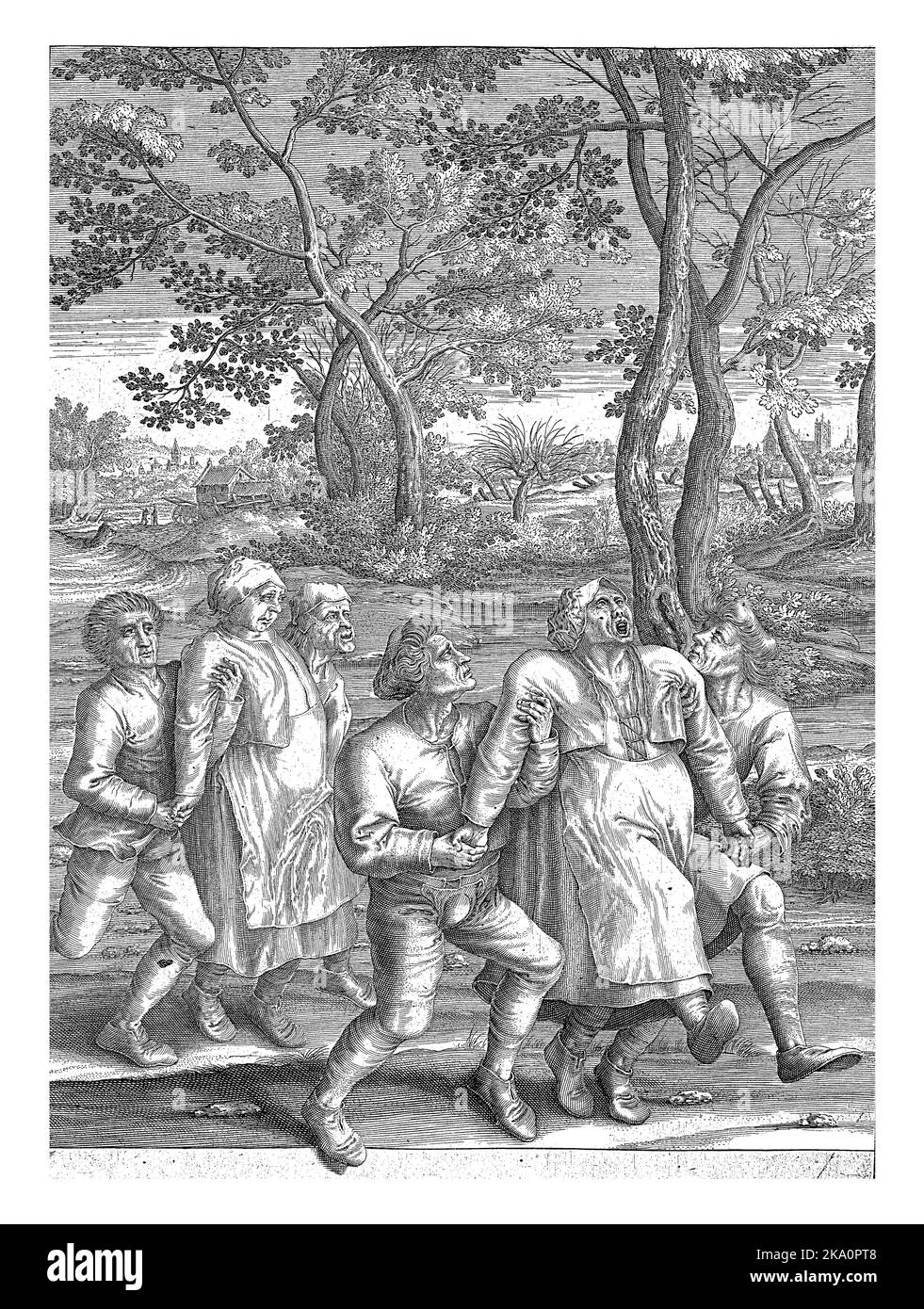 Deux épileptiques et leurs compagnons en route vers Molenbeek, Hendrick Hindius (I), après Pieter Bruegel (I), 1642 deux femmes épileptiques sont prises par t Banque D'Images