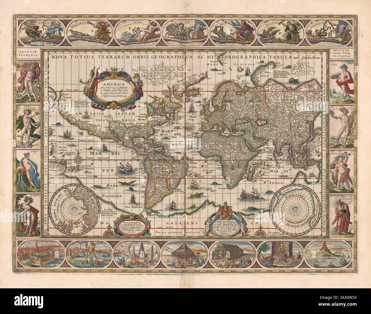 Carte du monde vintage 17th siècle décorée par le cartographe néerlandais Willem Janszoon Blaeu (1571-1638) Banque D'Images