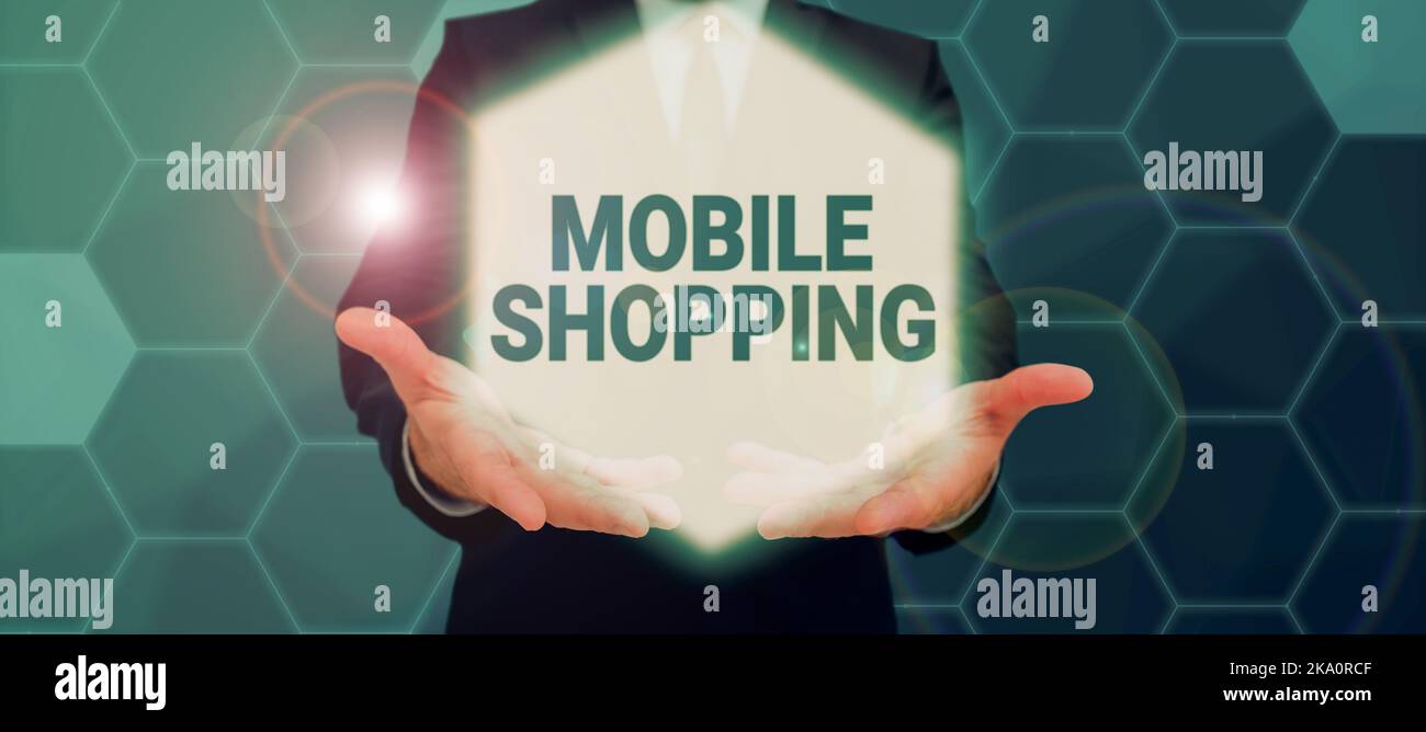 Légende du texte présentant Mobile Shopping. Vitrine commerciale pour l'achat de marchandises effectuées à l'aide d'un téléphone cellulaire Banque D'Images