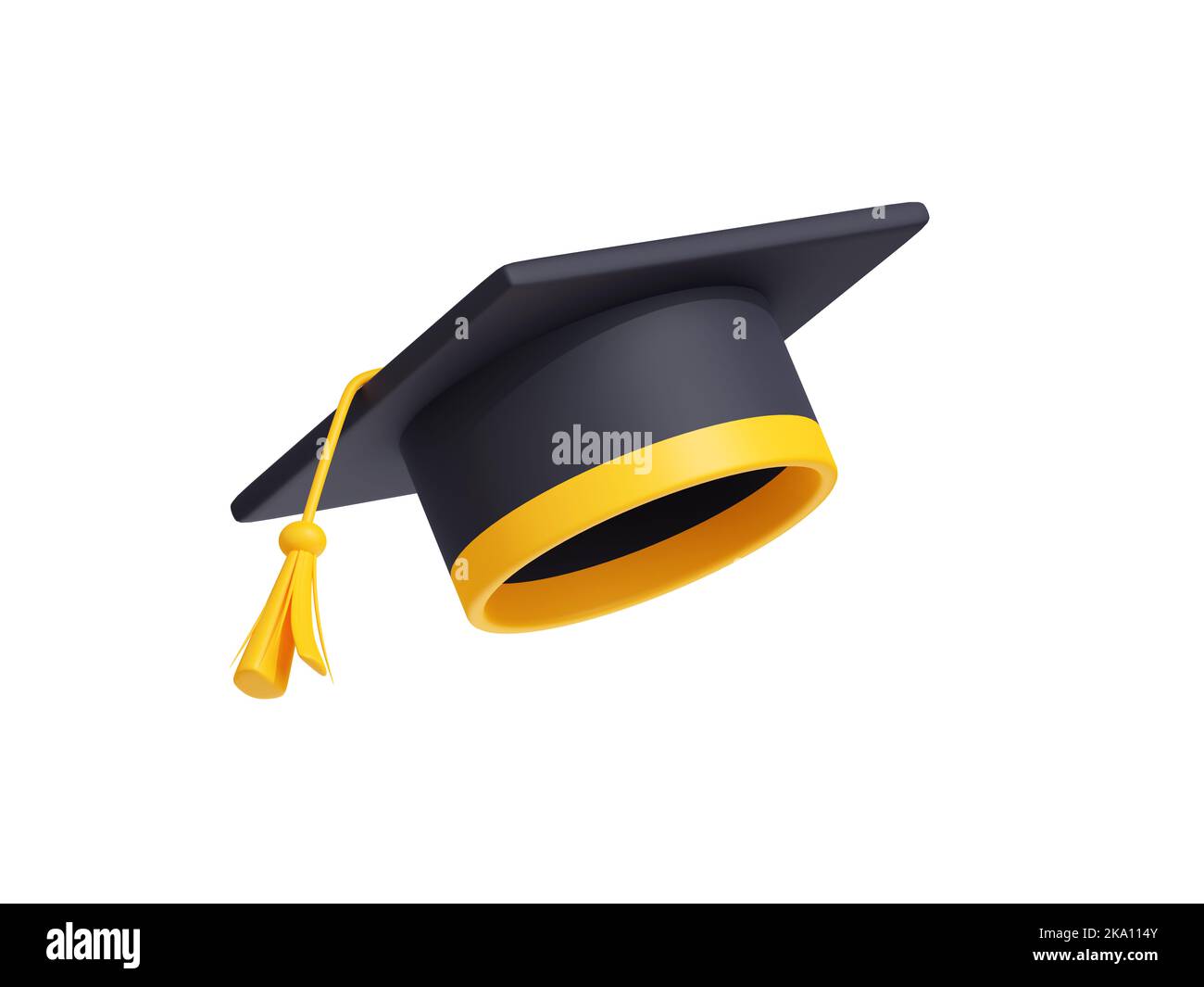 3D illustration d'un chapeau universitaire avec pampille dorée isolé sur fond blanc. Casquette supérieure noire. Icône Mortarboard pour la conception de sites Web éducatifs. Cérémonie de remise des diplômes à l'école, au collège et à l'université Banque D'Images