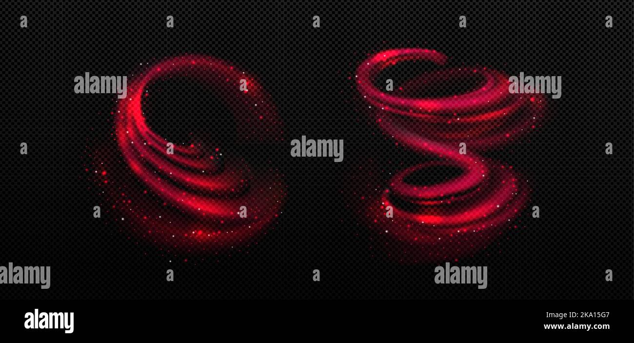 Tornade lumineuse rouge, spirale magique, effet de mouvement des cercles tournants, ondes d'énergie de tonnerre, tourbillons avec paillettes, scintiller et étincelles, traces de vortex circulaires brillantes isolées, illustration réaliste de 3D vecteurs Illustration de Vecteur