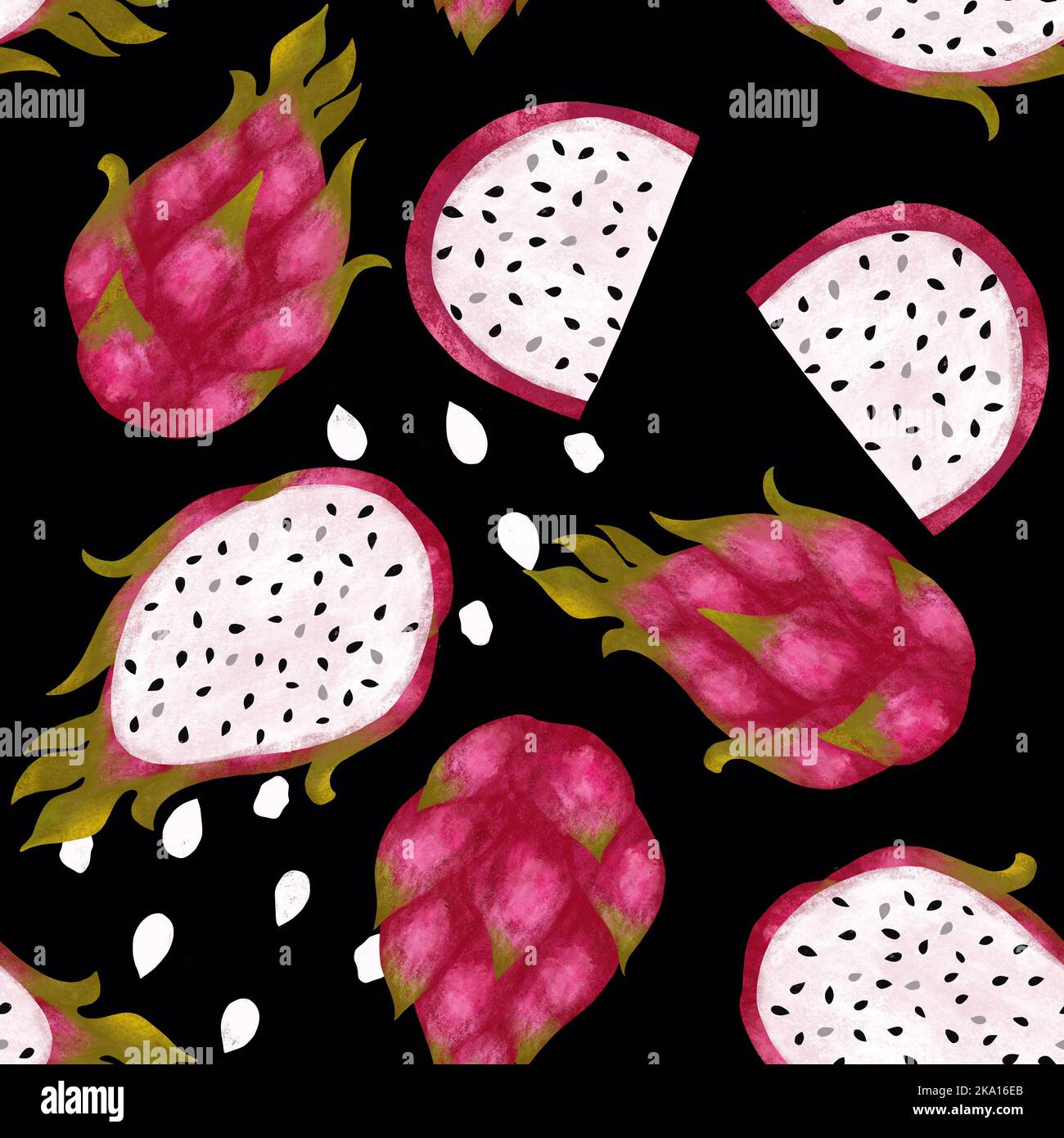 Motif sans couture avec fruits de dragon isolés. Jolie illustration texturée de fruits tropicaux, fruits coupés à moitié, graines et feuilles sur fond noir Banque D'Images