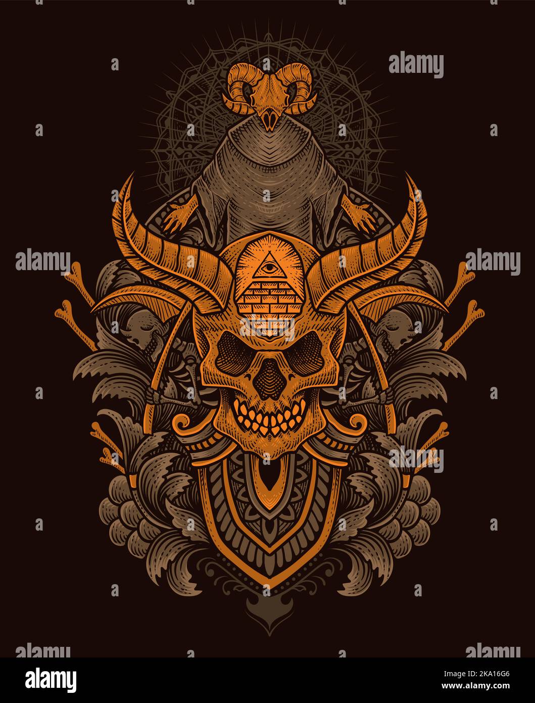Illustration démon crâne avec style de gravure antique parfait pour T-shirt, sweat à capuche, veste, poster Illustration de Vecteur