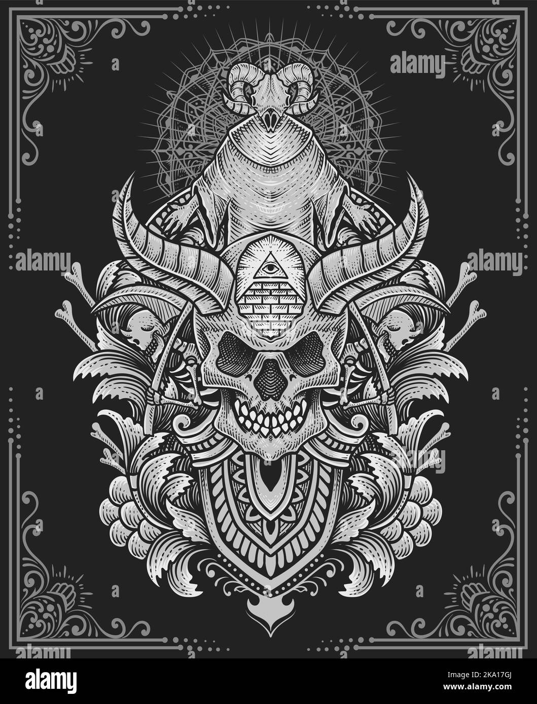 Illustration démon crâne avec style de gravure antique parfait pour T-shirt, sweat à capuche, veste, poster Illustration de Vecteur