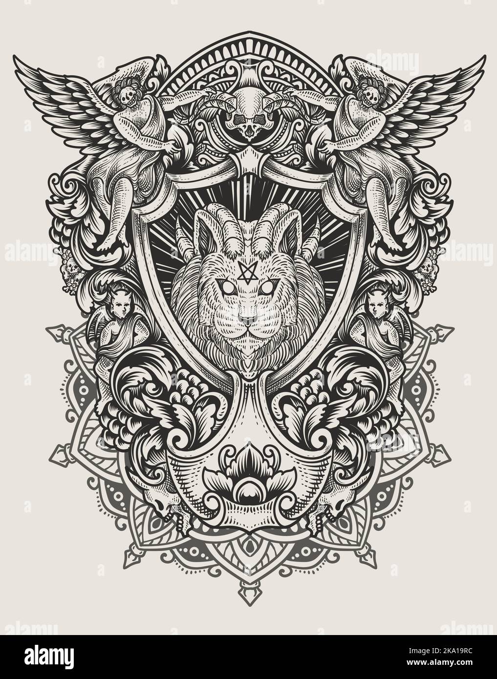 illustration vintage démon chat avec style gravure Illustration de Vecteur