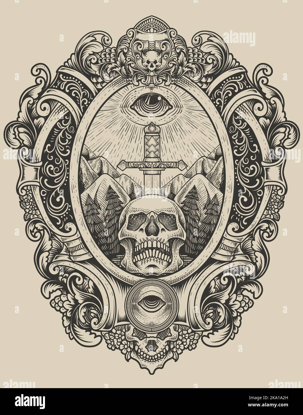 illustration antique épée de crâne avec les yeux sombres style gravure Illustration de Vecteur