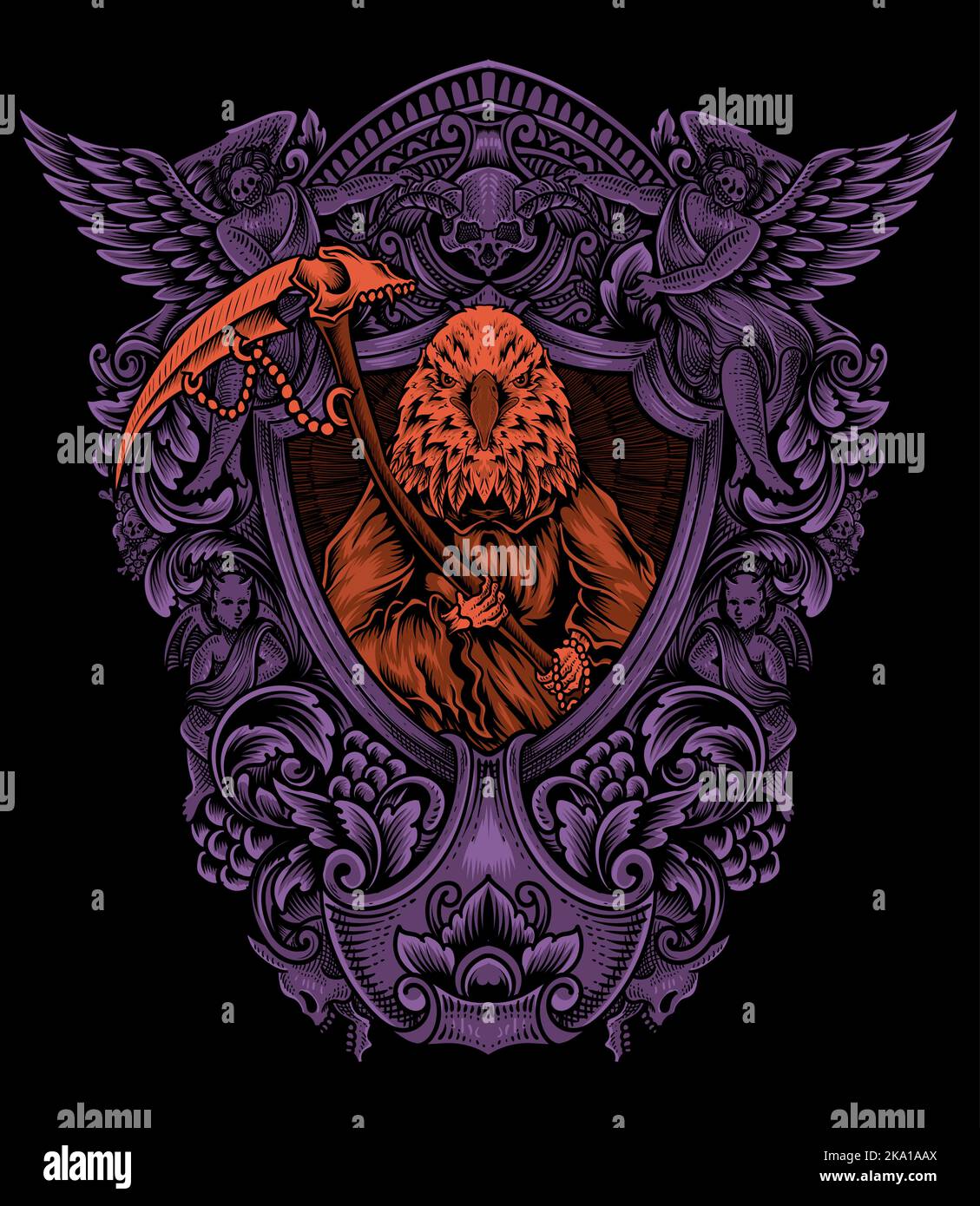 illustration aigle mort ange avec ornement gravure vintage Illustration de Vecteur