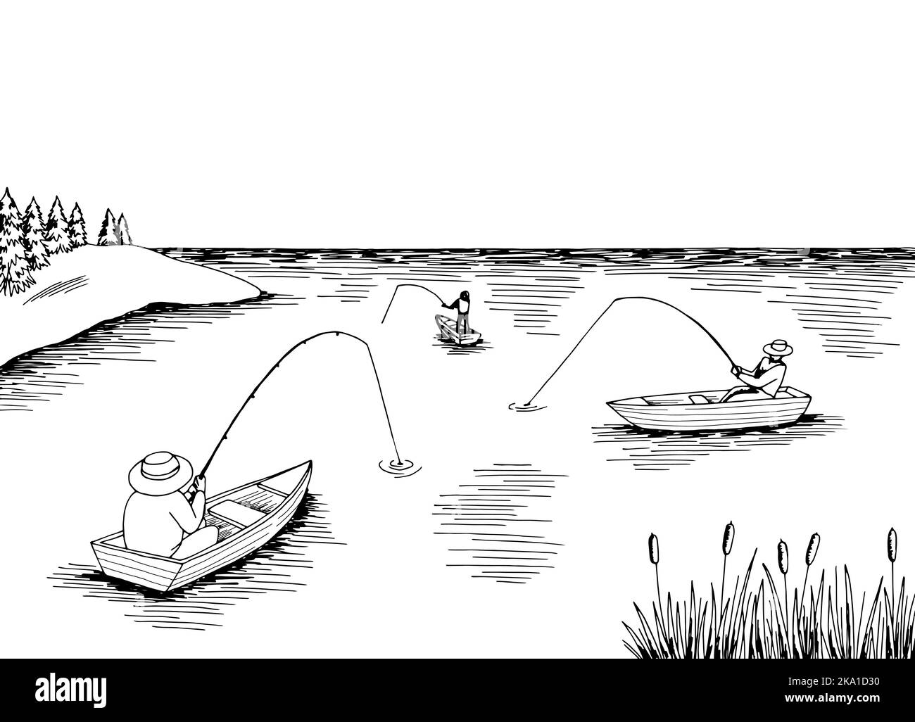 Graphique pêcheur noir blanc paysage dessin illustration vecteur Illustration de Vecteur