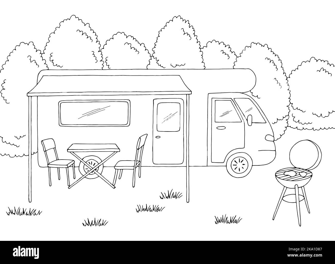 Camping graphique noir blanc paysage dessin illustration vecteur Illustration de Vecteur