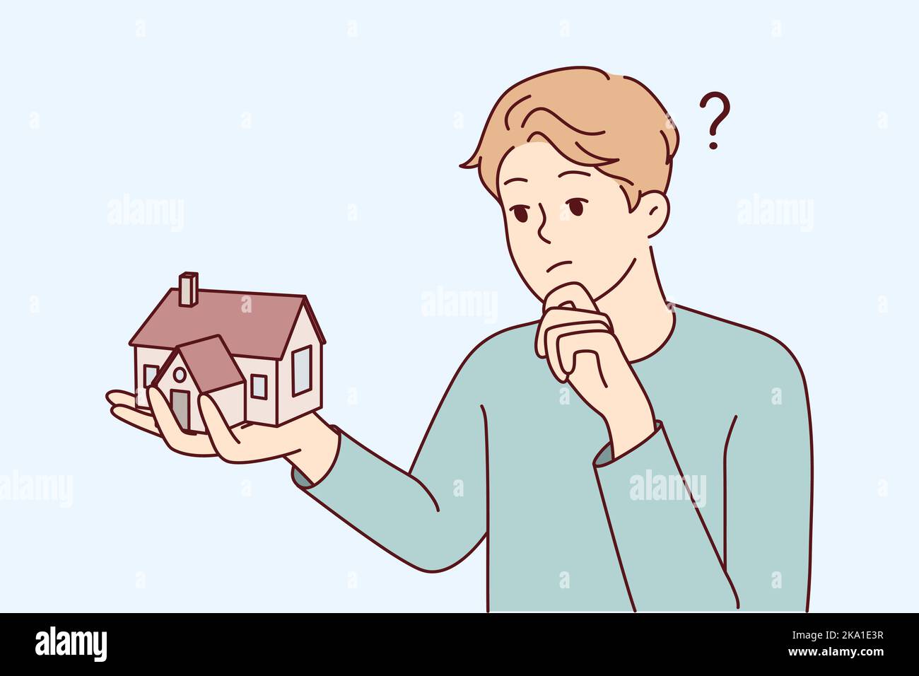 Jeune homme tenant une maison pensant à l'hypothèque ou le prêt. Confondu homme avec la maquette de maison frustrée par le loyer de logement ou l'achat. Agent immobilier. Illustration vectorielle. Illustration de Vecteur