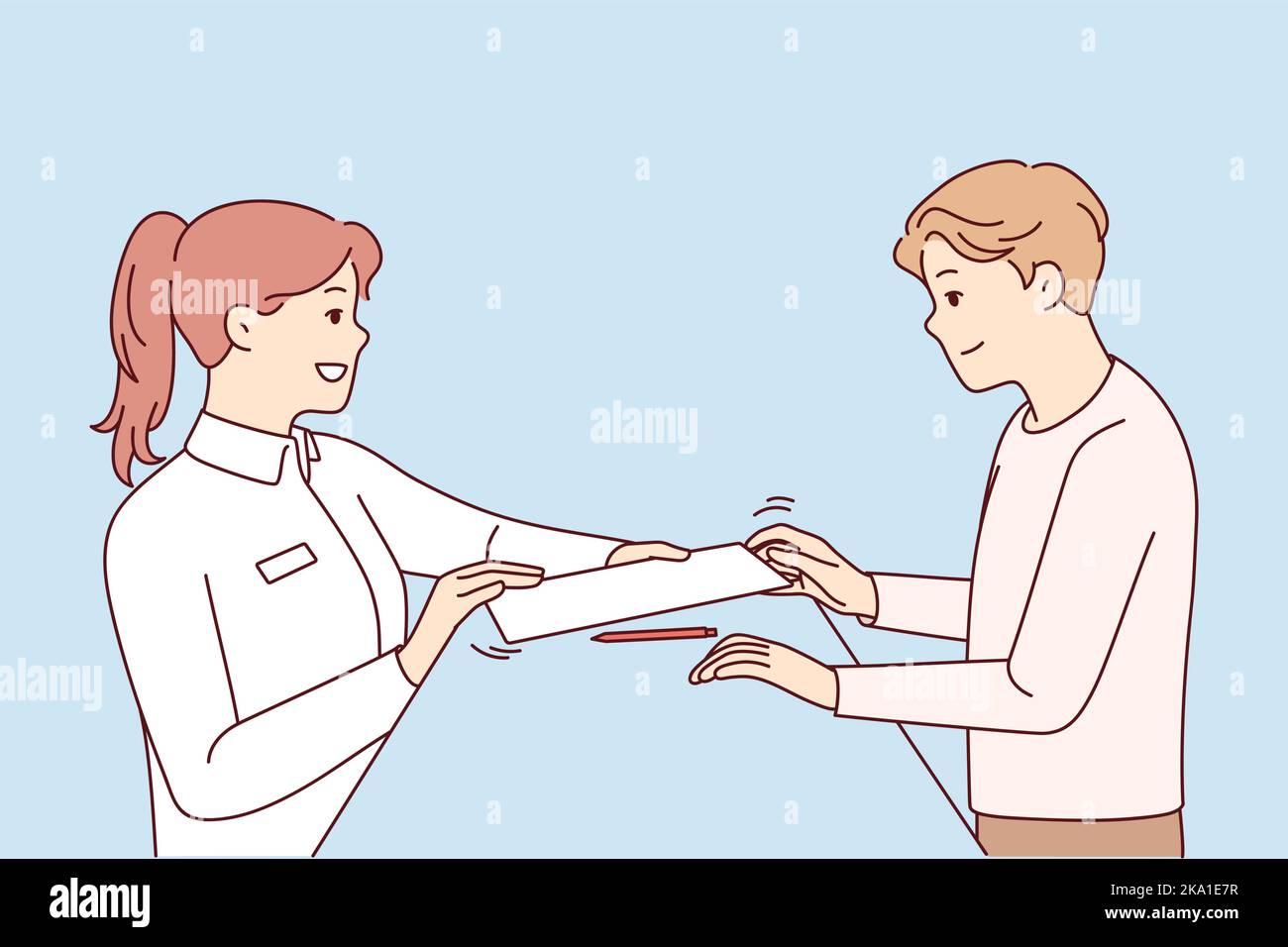 Une réceptionniste donne le document à signer pour le client à l'hôtel. Une femme administratrice doit remettre les documents au client pour signature à la réception. Illustration vectorielle. Illustration de Vecteur