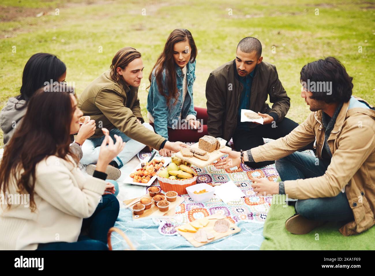 C'était une bonne idée. Un groupe de jeunes amis joyeux ayant un pique-nique ensemble à l'extérieur dans un parc pendant la journée. Banque D'Images