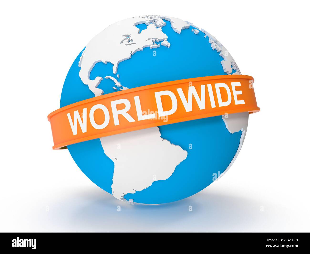 Blue World Map et Worldwide Text , il s'agit d'une image générée par ordinateur en 3D. Isolé sur blanc. Banque D'Images