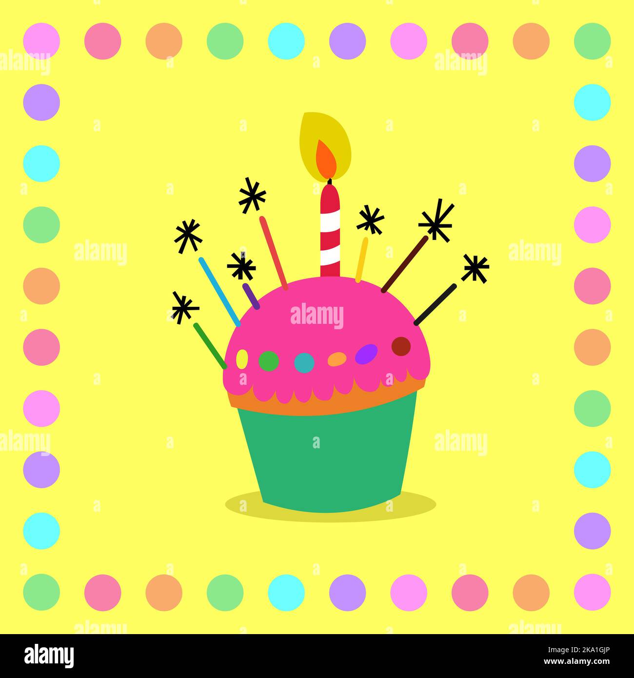 Crêpe colorée avec bougie et sparkers sur fond jaune. Banque D'Images