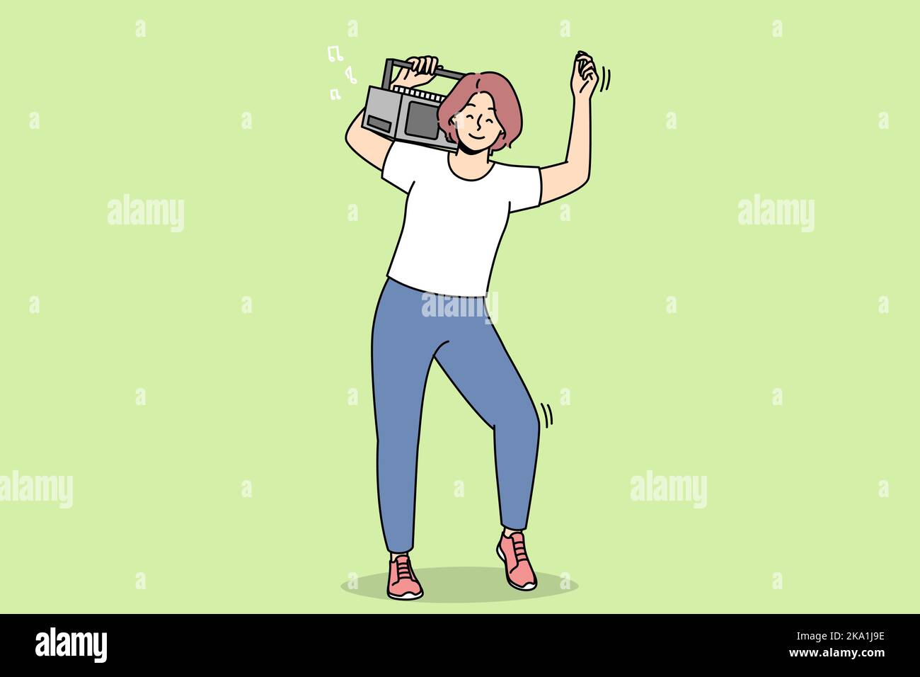 Une jeune femme surjoyée avec une chaîne stéréo sur l'épaule dansant et s'amusant. Fille souriante Profitez de la musique sur votre lecteur de boombox. Illustration vectorielle. Illustration de Vecteur