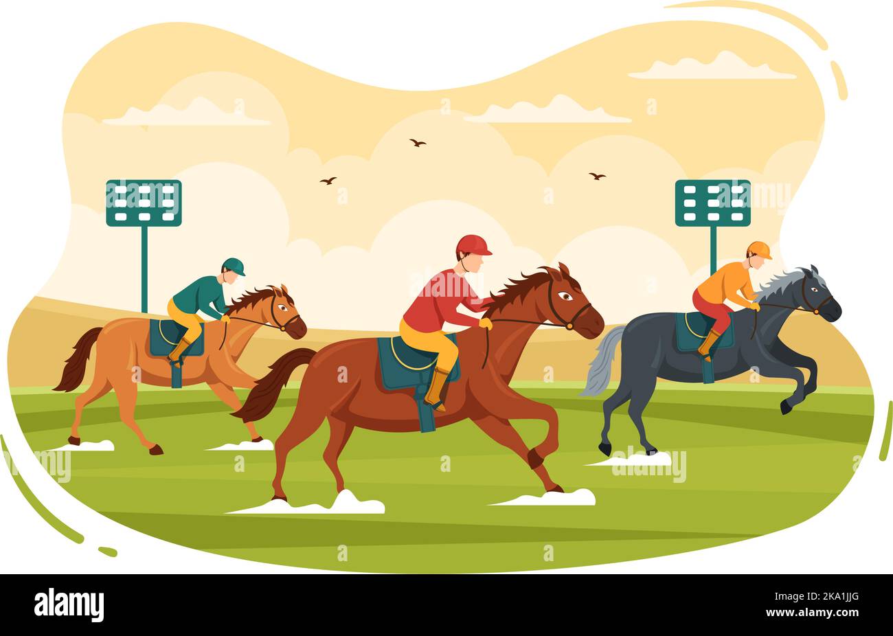Concours de courses hippiques dans un champ de courses avec un sport équestre et un Rider ou des jockeys sur un dessin animé à la main de dessin animé à plat Illustration Illustration de Vecteur