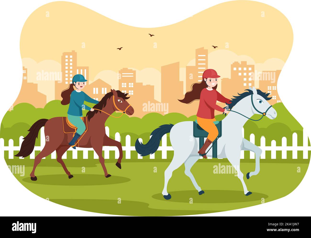 Concours de courses hippiques dans un champ de courses avec un sport équestre et un Rider ou des jockeys sur un dessin animé à la main de dessin animé à plat Illustration Illustration de Vecteur