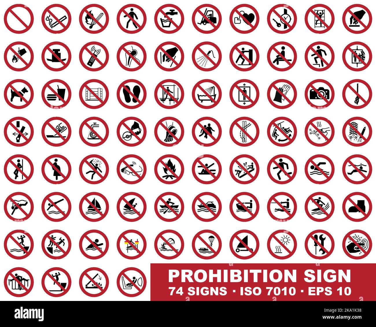 Panneaux d'interdiction, ensemble d'illustrations vectorielles, panneaux d'interdiction ISO 7010 dans les couleurs d'origine. Jeu de signes d'avertissement dans eps 10 évolutif. Pixel parfait. Illustration de Vecteur