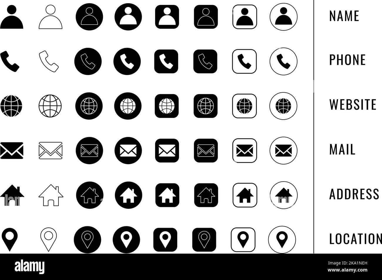 jeu d'icônes de carte de visite. nom, téléphone, adresse, courrier, web, emplacement. Illustration de Vecteur