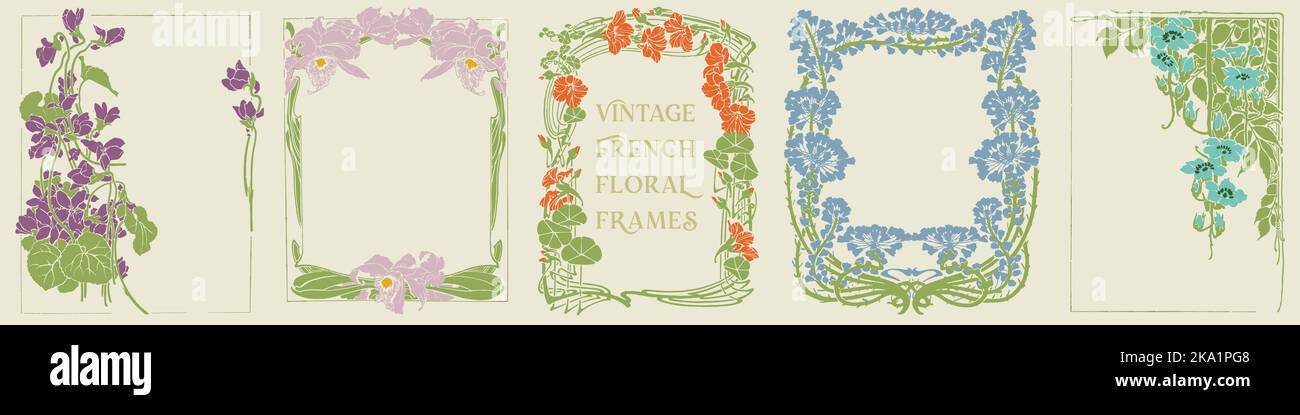 Cadres fleuris français vintage. Couverture de livre, invitation, étiquette, emballage, carte postale et modèle de carte. Illustration de Vecteur