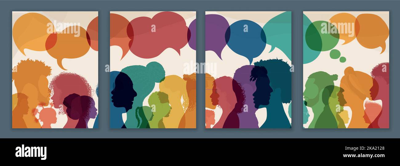 Bulle de parole.Silhouette dirige les hommes et les femmes dans le profil.dialogue de parole et inform.Communicate entre un groupe de personnes multiculturelles qui parlent. Équipe Illustration de Vecteur