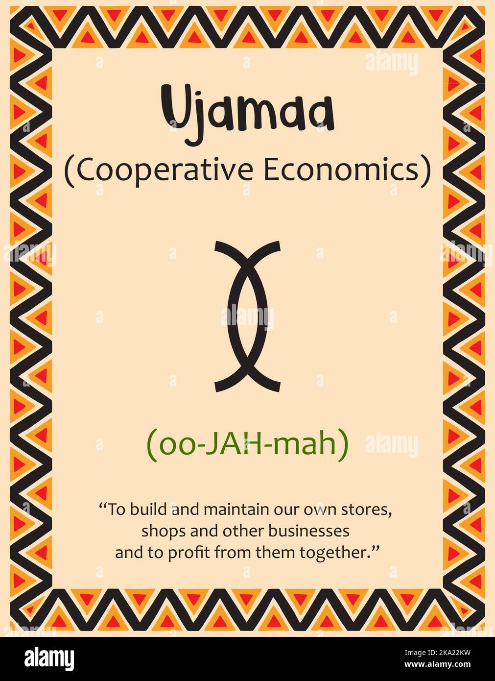 Une carte avec l'un des principes de Kwanzaa. Symbole Ujamaa signifie Cooperative Economics en swahili. Affiche avec affiche et description. Patt. Ethnique africaine Illustration de Vecteur