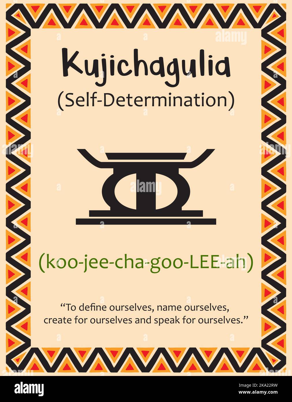 Une carte avec l'un des principes de Kwanzaa. Symbole Kujichagulia signifie autodétermination en swahili. Affiche avec affiche et description. Ethnie africaine p Illustration de Vecteur