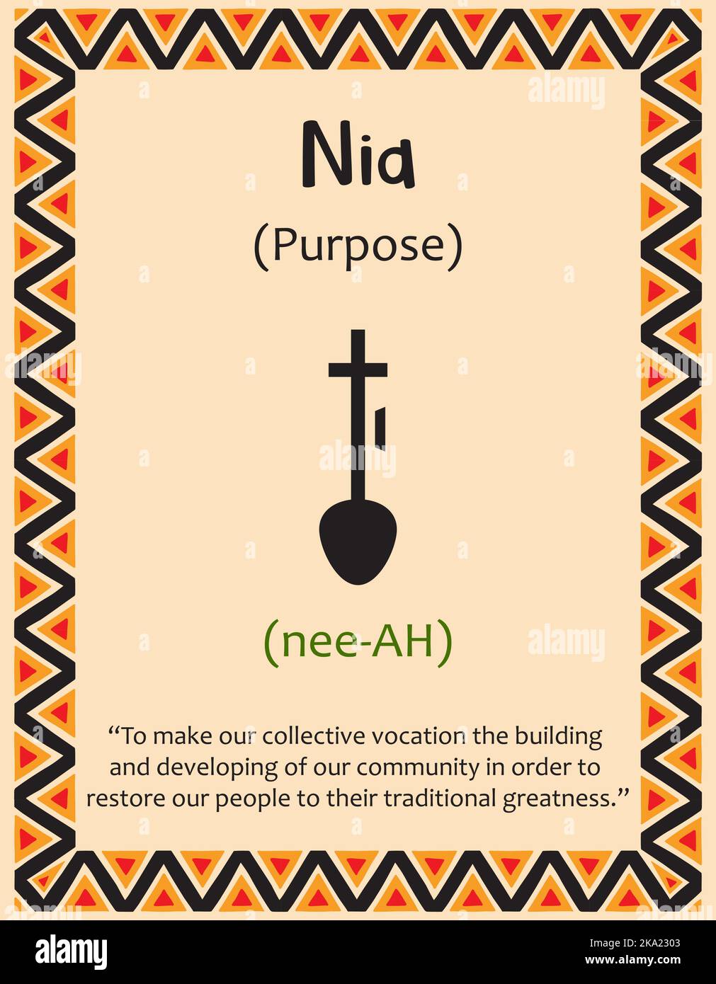 Une carte avec l'un des principes de Kwanzaa. Le symbole Nia signifie but en swahili. Affiche avec affiche et description. Modèle ethnique africain en traditiona Illustration de Vecteur