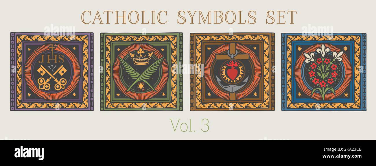 Jeu de 4 symboles catholiques, gravure vintage. Symbolisme catholique Illustration de Vecteur Jeu de 4 symboles catholiques, gravure vintage. Symbolisme catholique Illustration de Vecteur