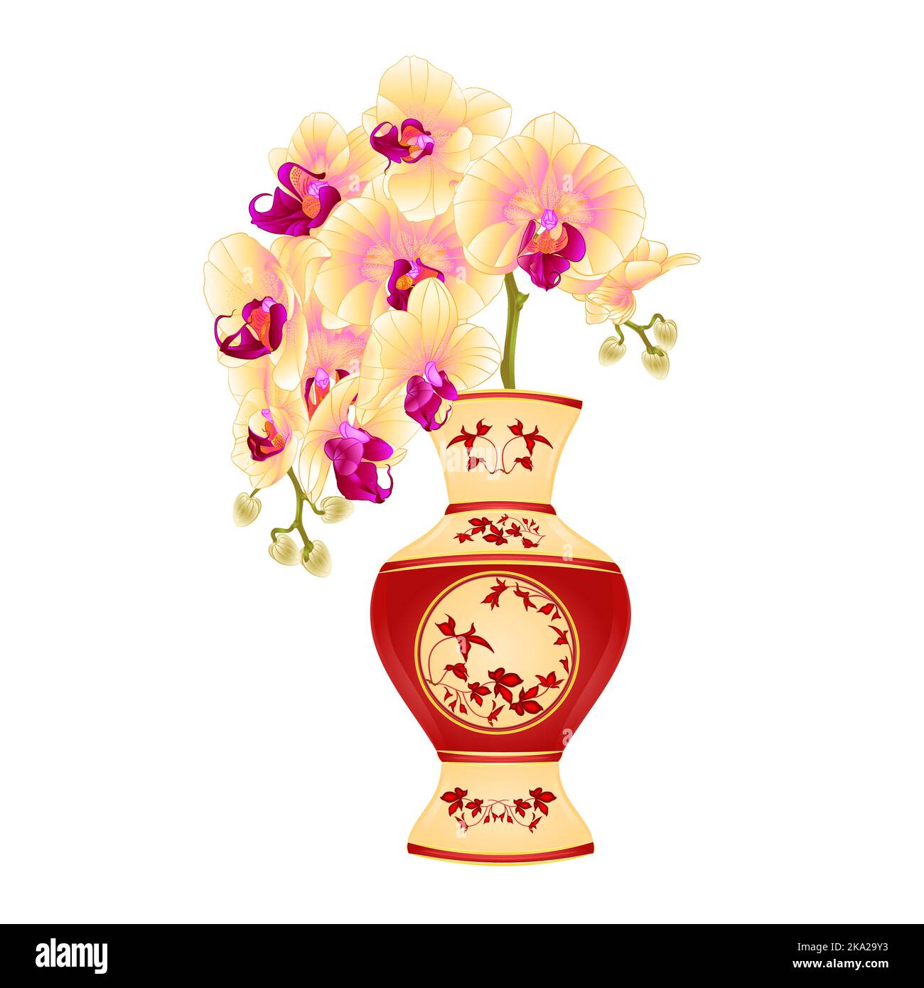 Orchid phalenopsis jaune dans un vase de porcelaine avec des feuilles rouges vecteur vintage illustration modifiable main dessiner Illustration de Vecteur