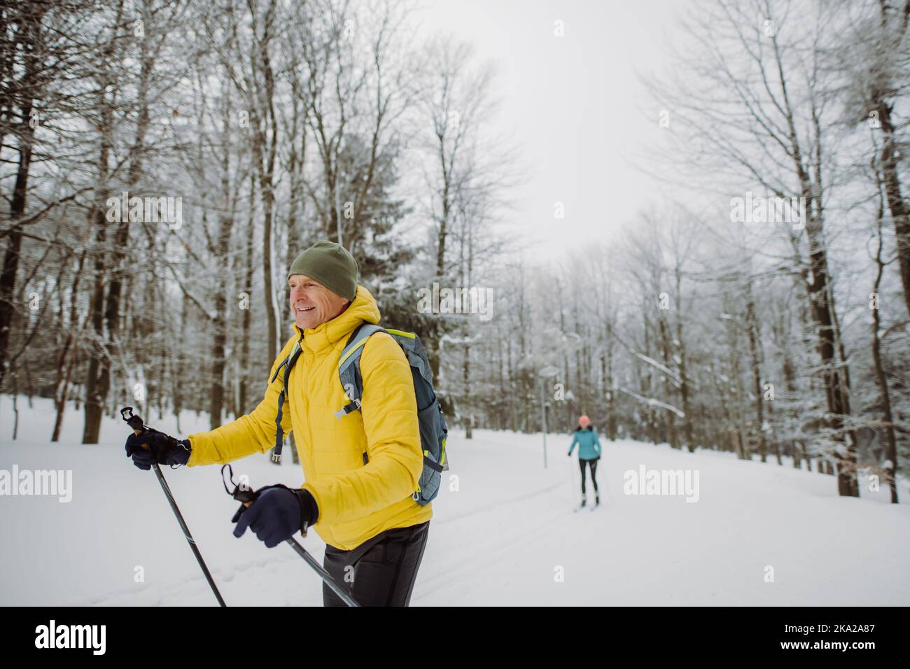 Homme senior qui fait du ski de fond en face de la forêt enneigée. Banque D'Images