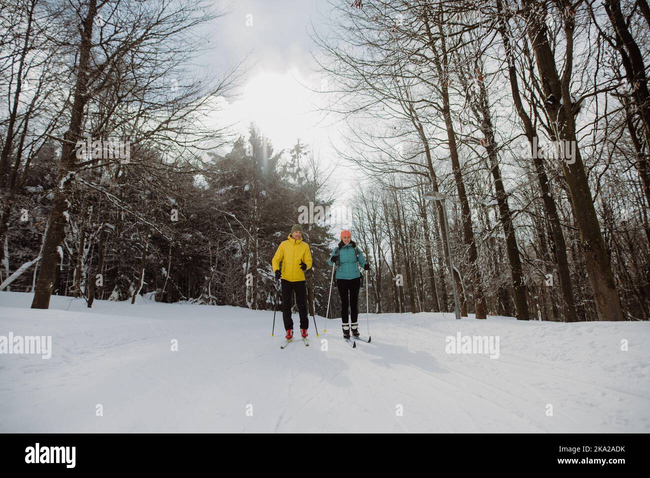 Couple senior ski ensemble au milieu de la forêt Banque D'Images