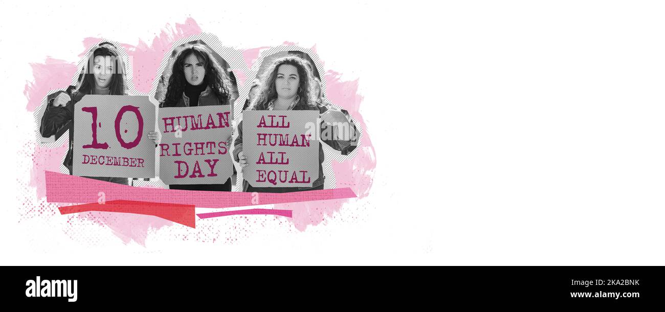 Groupe de jeunes femmes tristes en grève ou en réunion, rassemblement social sur les droits de l'homme, le droit au choix, la santé et la liberté. Art contemporain Banque D'Images