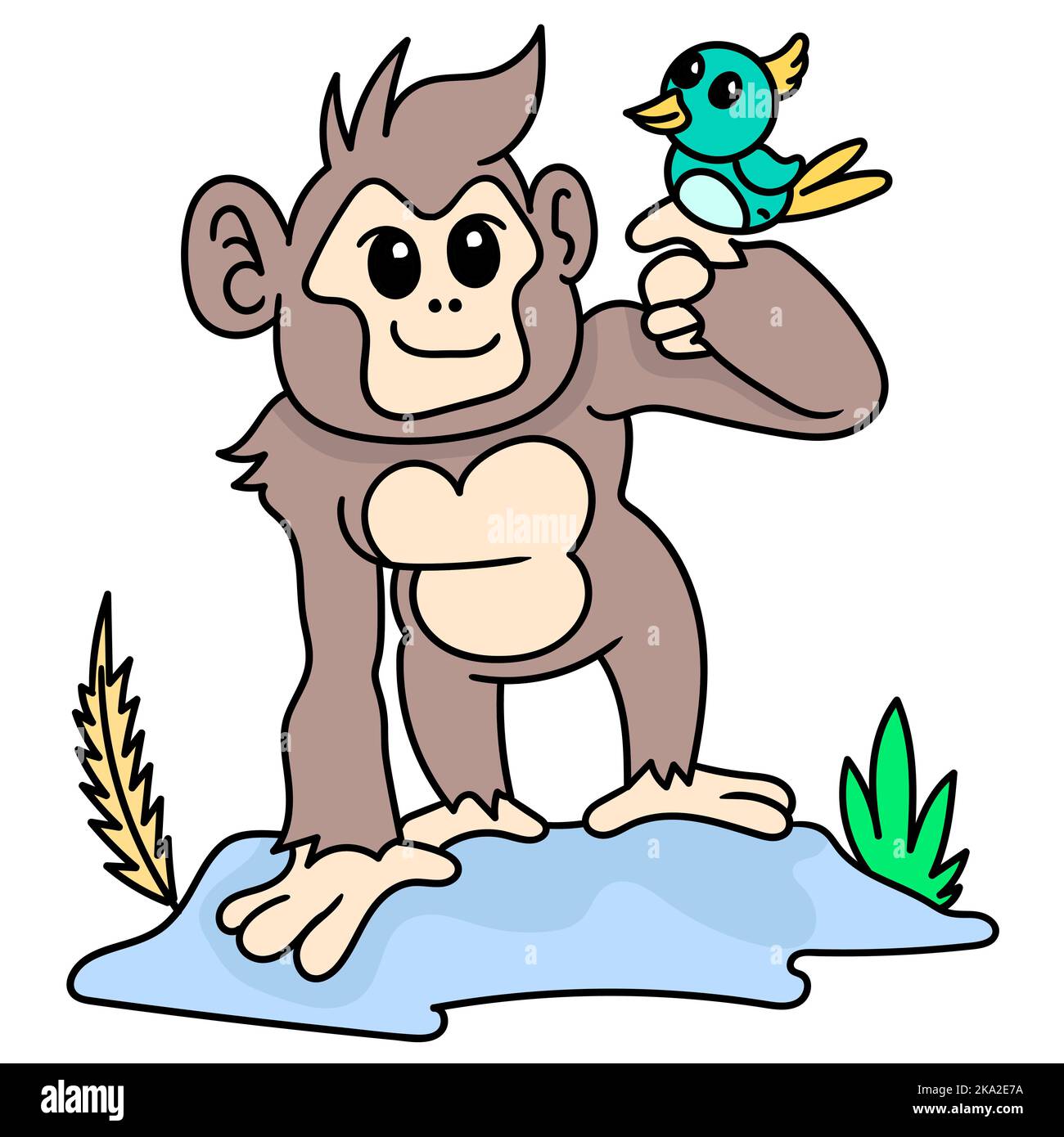 Un vecteur d'une gorille musculaire jouant avec de petits oiseaux, l'icône de doodle image kawaii Illustration de Vecteur