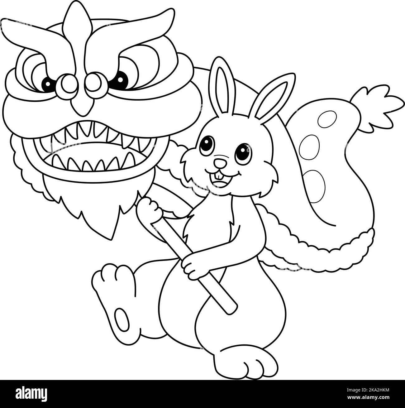 Page de coloriage isolée de danse de dragon de lapin Illustration de Vecteur