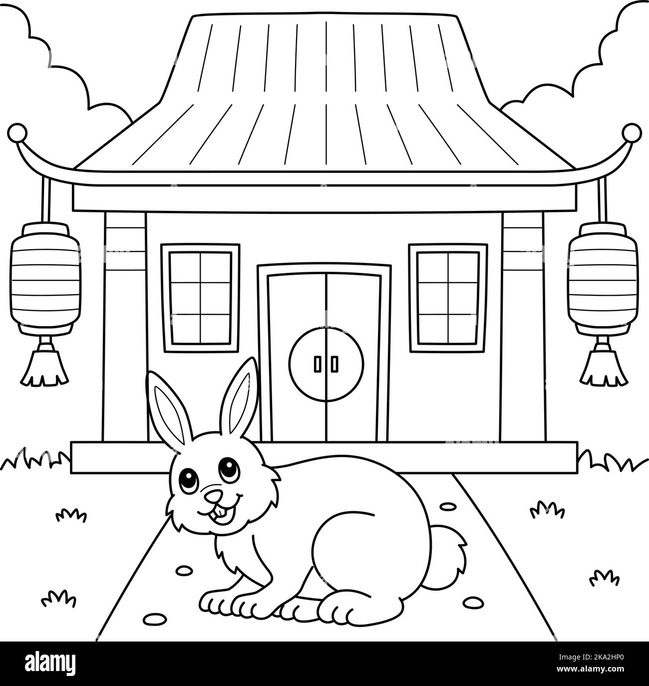 Lapin devant la page de coloriage du Temple chinois Illustration de Vecteur