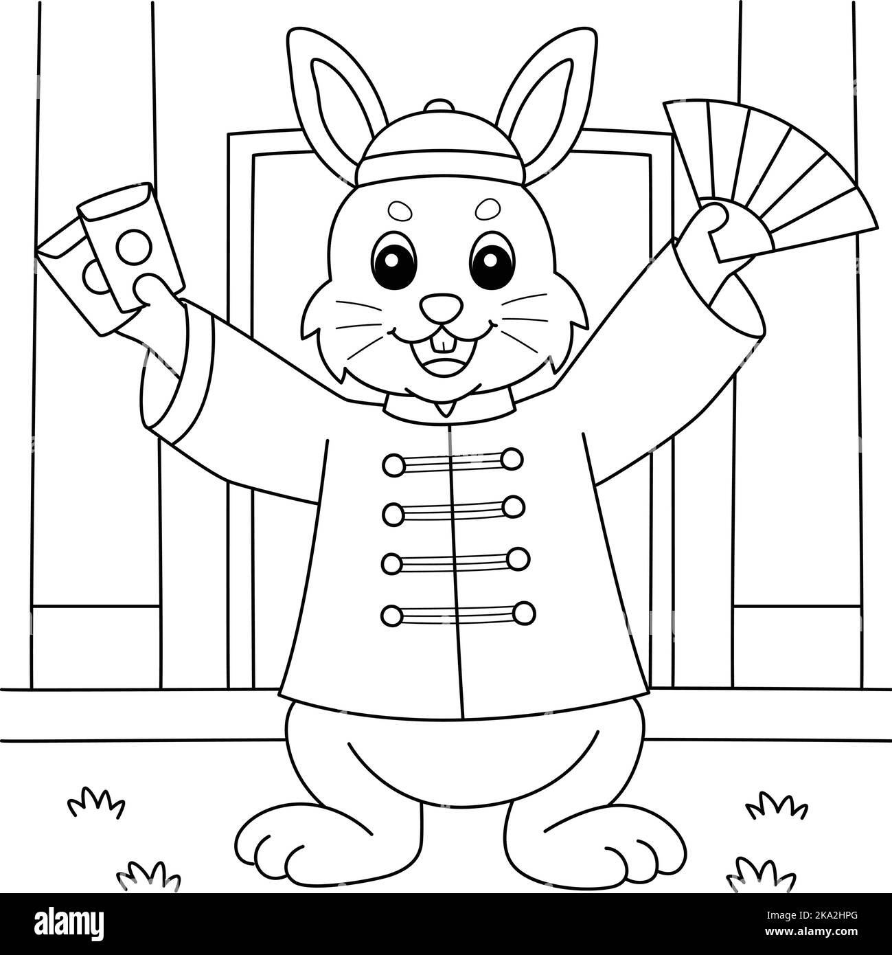 Page de coloriage de robe chinoise de lapin Illustration de Vecteur