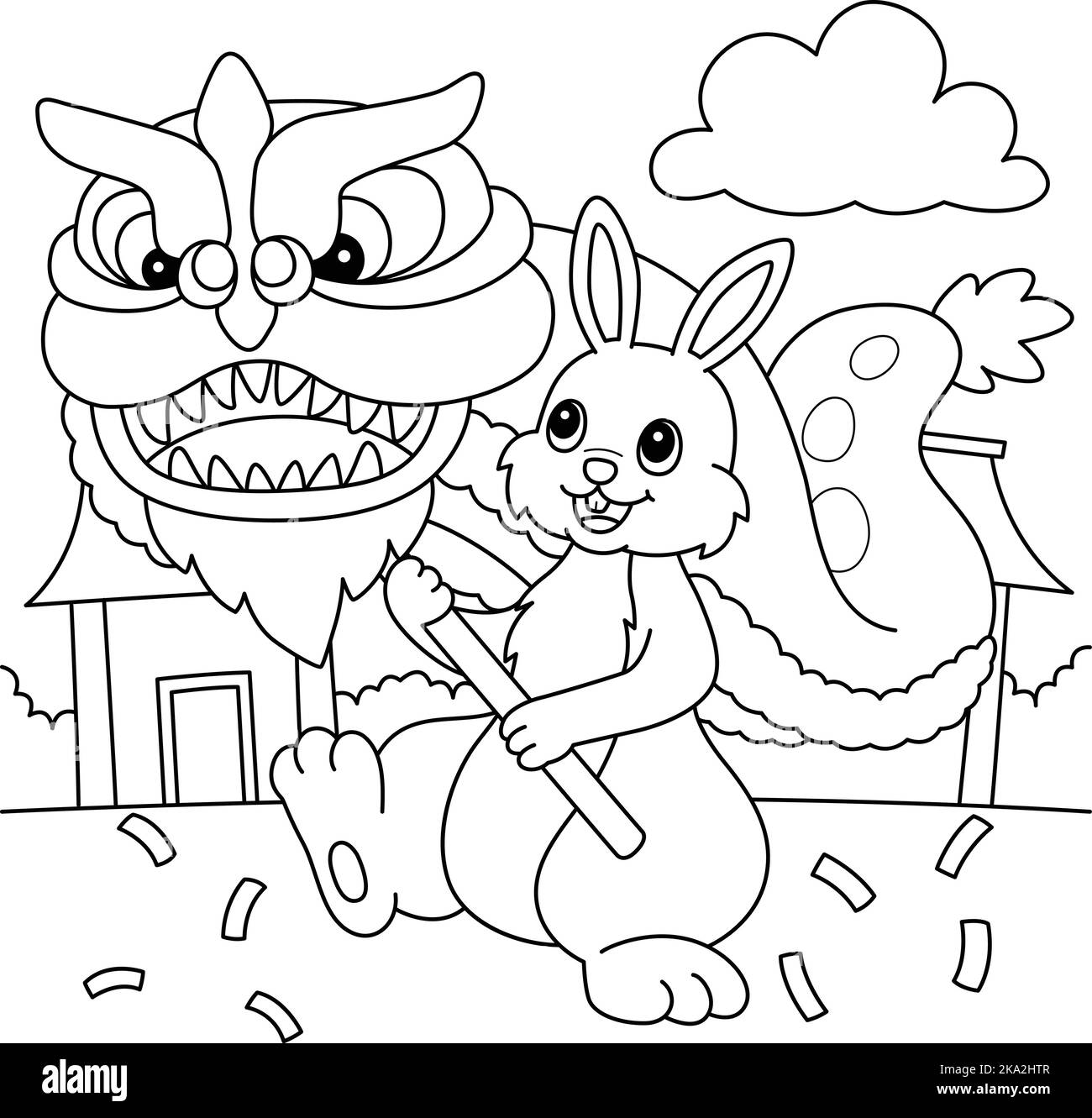 Page de coloriage de danse de dragon de lapin pour enfants Illustration de Vecteur