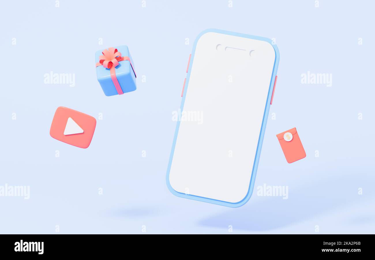 Diffusion en direct avec téléphone mobile sur fond bleu, rendu 3D. Dessin numérique. Banque D'Images