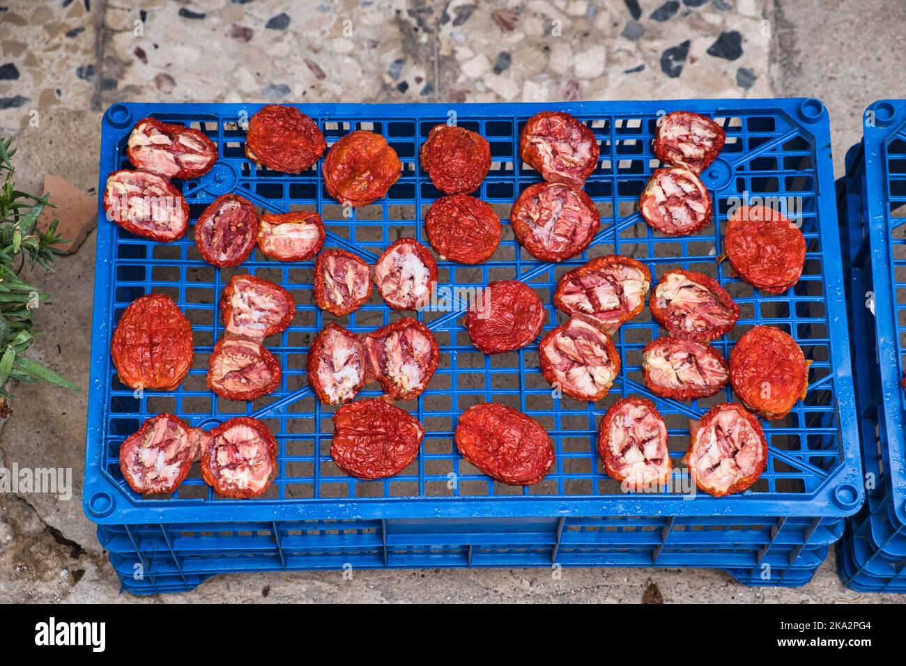 Vue de dessus des tomates séchant au soleil Banque D'Images