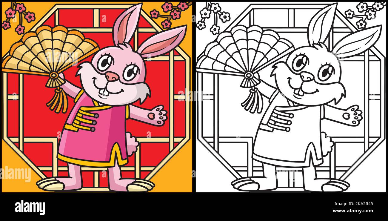 Illustration de couleur de ventilateur de main chinoise de lapin Illustration de Vecteur