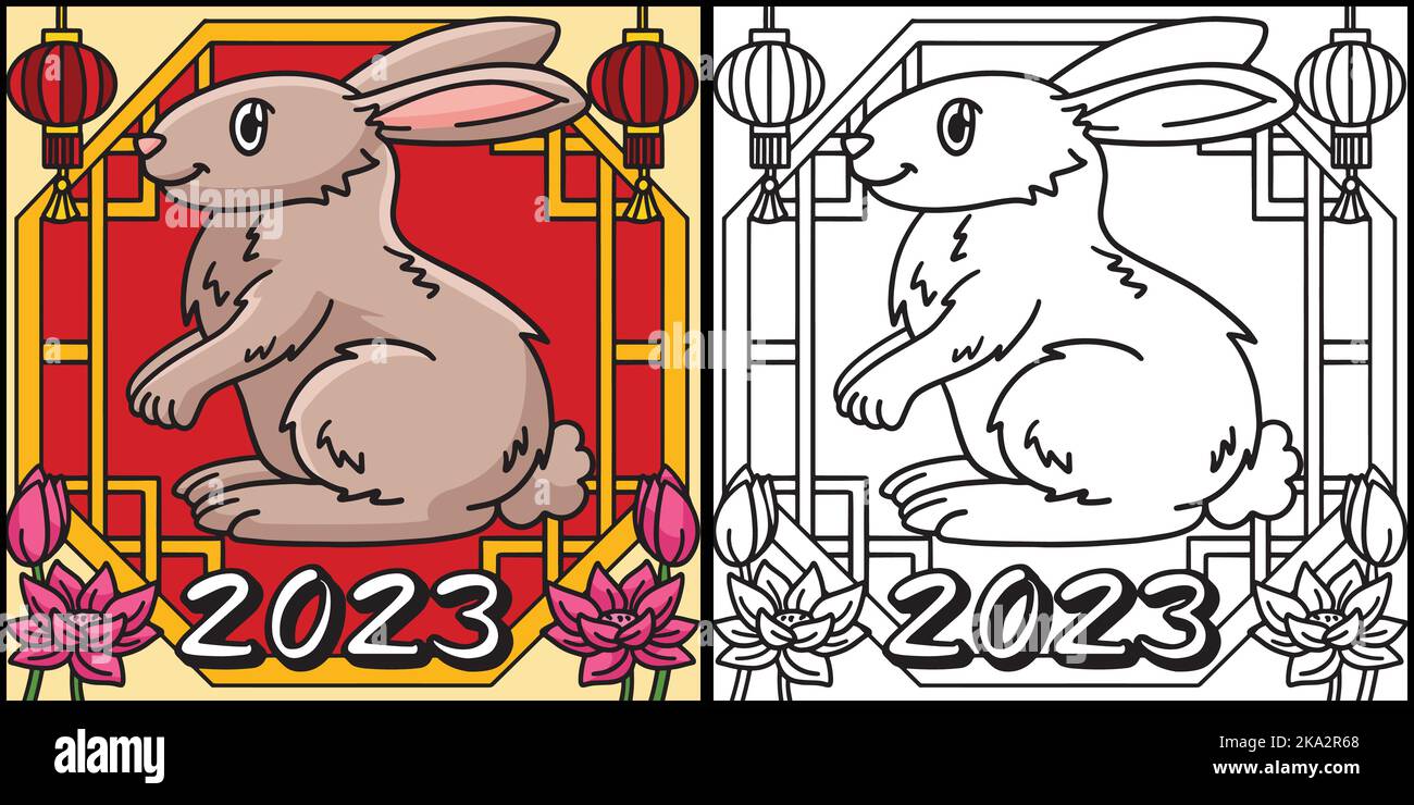 2023 année de la page de coloration de lapin Illustration Illustration de Vecteur