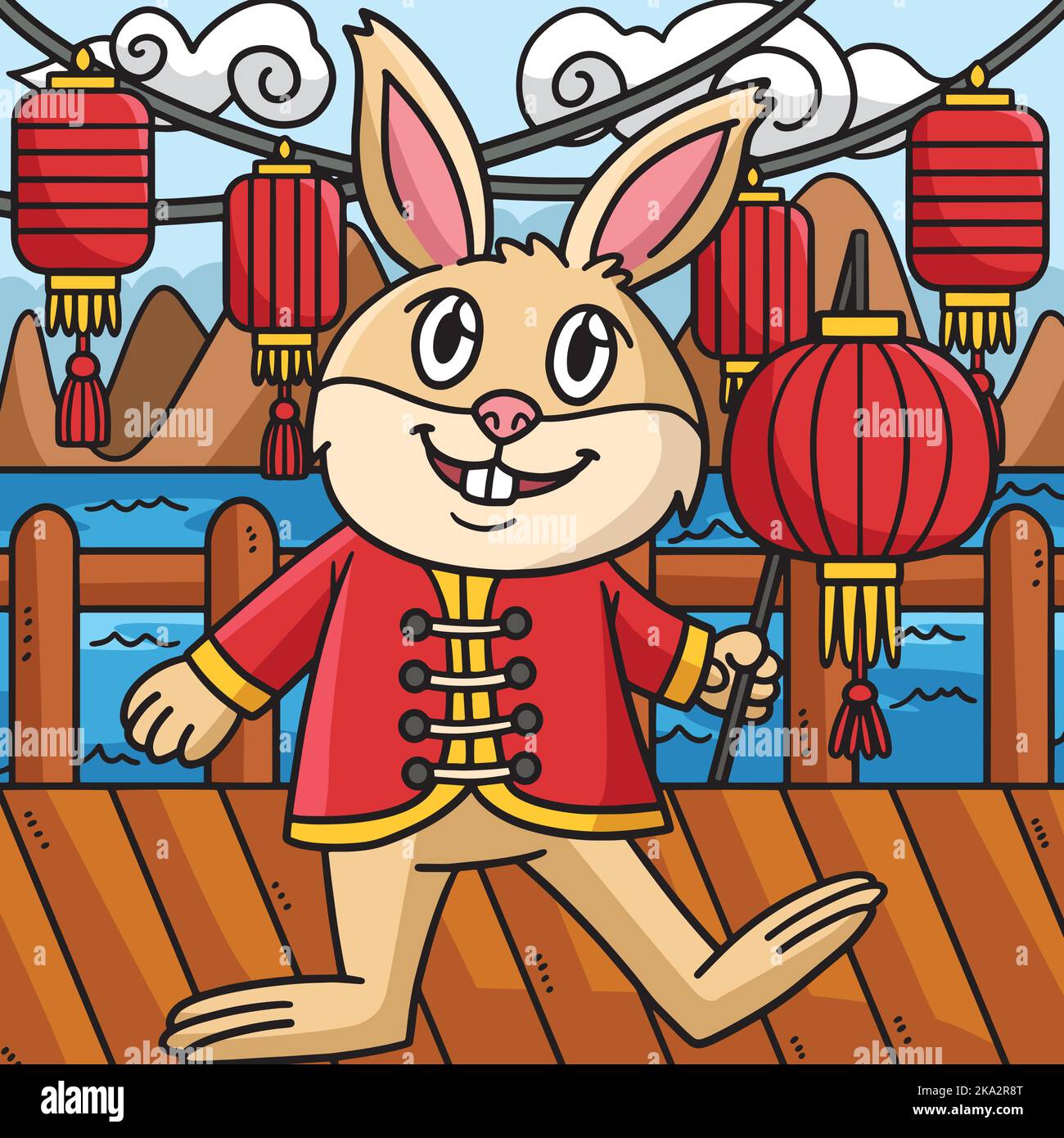 Lapin avec crachoir chinois de couleur lanterne Illustration de Vecteur