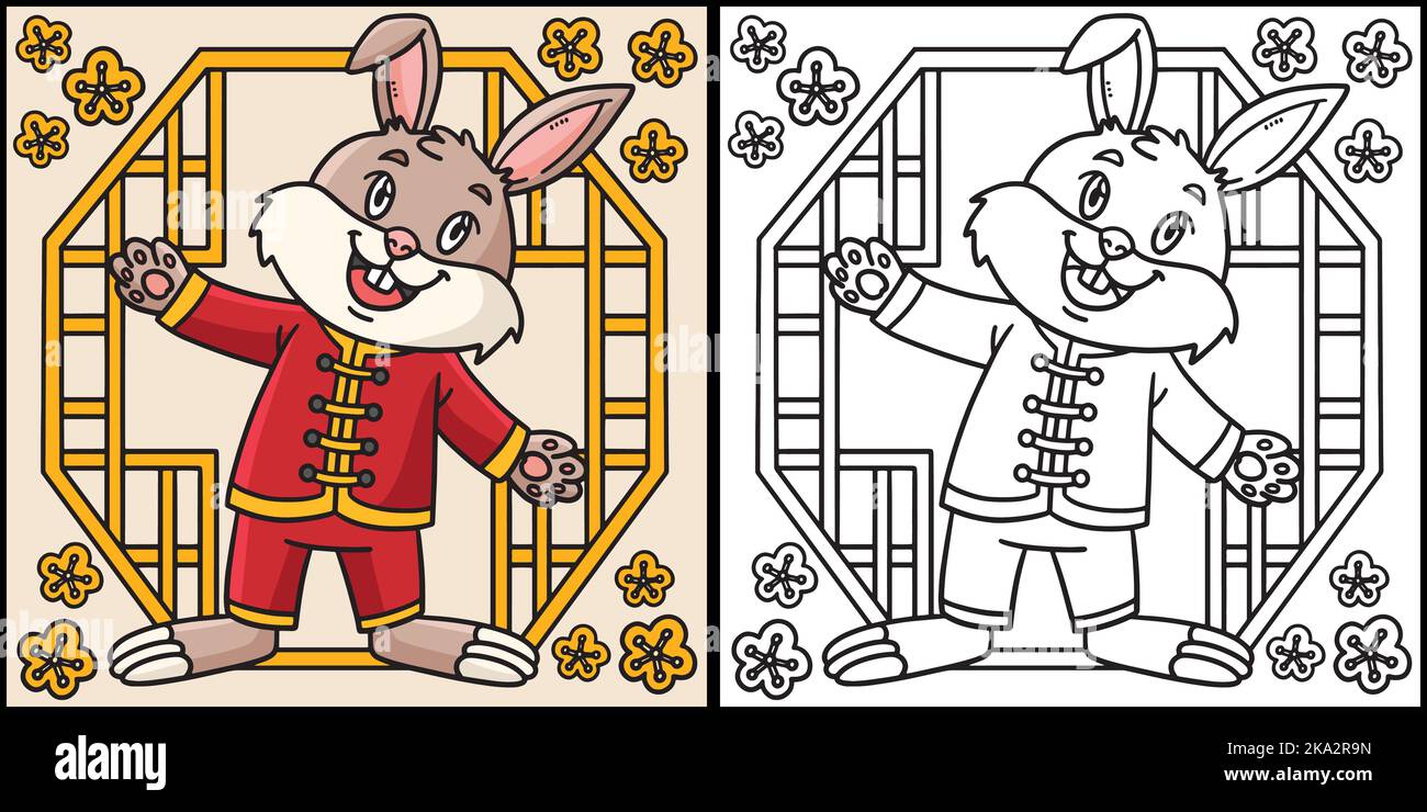 Illustration de la page de coloriage de l'ensemble chinois de lapin Illustration de Vecteur