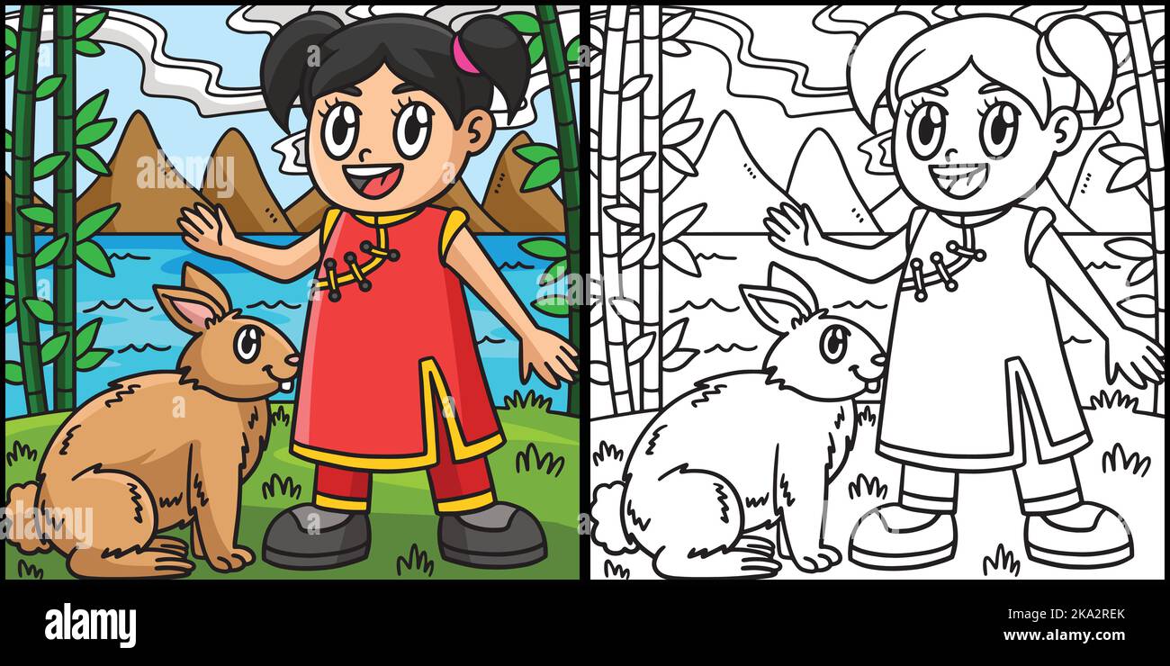 Fille avec lapin coloriage page Illustration Illustration de Vecteur